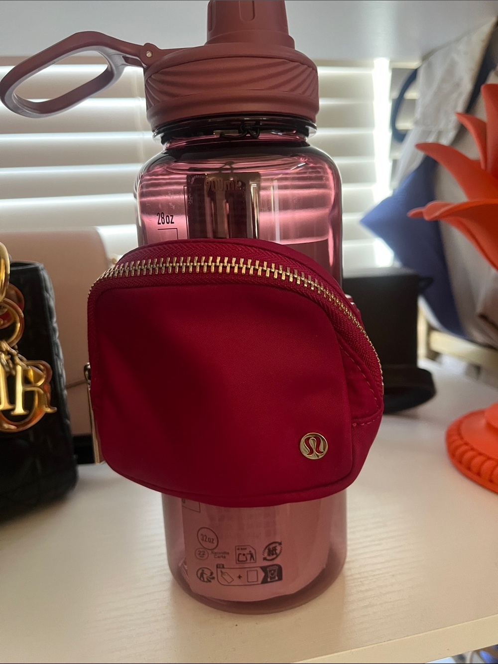 lululemon athletica Red Mini Zip Pouch with Gold Zip and Back to Life Bottle 32